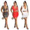 C6037 Transfronterizo Aliexpress Amazon Moda Europea y Americana Ropa para Mujer Cuello en V Sin Mangas Falda Corta Malla Pedrería Conjunto de Dos Piezas para Mujer