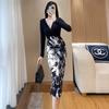 High-end sentido Yujie fã costura impresso saia de quadril primavera slim temperamento manga comprida vestido sexy assentamento saia moda