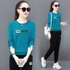 Conjunto de Sudadera con Cuello Redondo y Manga Larga, Estampado de Letras, Bloques de Color y Patchwork de Moda para Mujer, Primavera y Otoño, Tallas Grandes, Conjunto Casual Elegante de Dos Piezas
