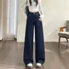 Jeans Vintage Lavado Calças Largas Soltas Femininas Início do Outono Cintura Alta Emagrecedoras Versátil Calças de Perna Reta Calças de Palhaço Calças