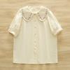 Cardigan feminino de verão vintage étnico bordado na gola, camisa de manga curta por atacado