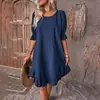 Vestido de Verano y Primavera 2024 Transfronterizo Europeo y Americano TEMU para Mujer, Retro, Algodón y Lino, Manga Media, Cuello Redondo, Color Sólido, Holgado, de Falda Amplia