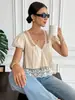 Camisa de Encaje Bordado Hueco Estilo Nuevo para Amazon, Cuello en V, Malla Empalmada, Transpirable, Algodón Puro, Top Corto para Mujer