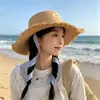 Chapéu de Palha Estilo Francês de Topo Plano para Verão Feminino, Chapéu de Sol de Palha Trançado de Aba Larga, Chapéu de Sol Grande para Circunferência da Cabeça para Férias na Praia
