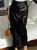 Falda Midi de Cocodrilo Estampado PU de Cintura Alta Europea y Americana con Abertura Delantera y Cinturón Ajustada al Cuerpo Ceñida a la Cadera Retro de Longitud Media Falda de Cuero