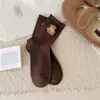 Calcetines Florales para Mujer con Tono Marrón Retro de Osito Pequeño, Calcetines de Media Pantorrilla con Volantes y Lazo para Otoño e Invierno, Calcetines de Algodón con Encaje Color Maillard