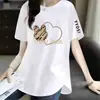 Camiseta de Manga Curta para Desembaraço de Comércio Exterior Transfronteiriço Feminina Comprimento Médio Cobre Levemente o Bumbum Para Pessoas um Pouco Acima do Peso Ombros Padrão Afina a Cintura Cobre a Barriga Top Feminino