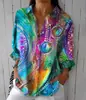 2024 Nuevo Otoño Transfronterizo Patrón Estampado Colorblock 3D Camisa Casual Holgada para Mujer Europea y Americana Top con Botones