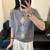 Suéter de Punto de Manga Corta con Patrón de Diamantes en Color Contrastante Estilo Universitario para Mujer, Top Dulce y Versátil de Verano, Atuendo Estilo Coreano, Suéter Reductor de Edad