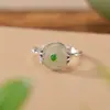 Yilu Jade Hetian Plateado Jade Qingshui Joyería de Plata Plata de Ley S925 Hebilla de Seguridad Hoja de Bambú Estilo Nacional Nuevo Anillo Chino Listo en Stock