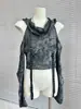 Camiseta de Manga Larga con Capucha Deshilachada Off-Shoulder Estilo Wasteland de Chica Hot Americana para Mujer para Usar en Verano, Corte Ajustado y Top Corto