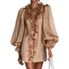Llegada nueva de Amazon transfronterizo: Mini vestido brillante, transparente, con cuello con volantes y mangas abullonadas, de escote en V pronunciado, creando un look ligero y lujoso para mujer