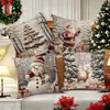 Funda de almohada impresa con muñeco de nieve navideño para la sala de estar, ambiente festivo y cálido, escena de nieve, renos, árbol de Navidad, elementos lindos de muñeco de nieve