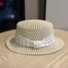 Chapéu de Palha Elegante Estilo Coreano com Bolinhas, Topo Reto, para Mulheres, Chapéu de Sol de Palha de Alta Qualidade com Aba Larga para Praia no Verão