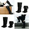 Versión de piel de vaca plegables de dos usos arrugados apilados botas mujer retro hebilla de cuero hasta la rodilla botas largas tacón grueso suela gruesa botas de jinete