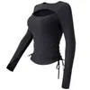Ropa Deportiva Cruzada 2025 Nueva de Manga Larga para Correr, Pilates y Yoga con Almohadillas en el Pecho, Cordón Adelgazante, Tops Deportivos