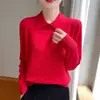 Camiseta básica de punto con cuello polo para otoño e invierno para mujer, suéter pullover casual holgado de manga larga con un diseño elegante