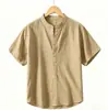Camisa de Verano 2026 Nueva de Algodón y Lino con Cuello Mao y Manga Corta para Hombre, Transpirable, Holgada, Versátil, Top Casual para Hombre