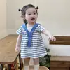 Vestido de Verano a Rayas con Cuello Azul Marino de Manga Corta para Niña 2026 Nuevo Estilo para Bebés y Niños Pequeños Falda Vestido de Princesa de Algodón para Bebé Verano