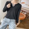 Algodão Puro 2025 Outono Novo Estilo Algodão Puro Decote V Manga Longa Camiseta para Mulheres, Estilo Coreano Ajuste Slim Camiseta Básica, Top Modelador para Estudantes