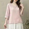 Camiseta de Algodón y Lino Bordada con Cuello en V Artístico Vintage para Mujer, Suéter Casual Holgado, Top Adelgazante
