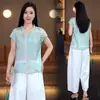 Azul Claro Novo Estilo Chinês Botão de Sapo Manga Curta Top Feminino 2026 Verão Novo Elegante Emagrecedor Conjunto Estampado