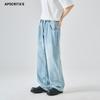 Calça Jeans Lavada Masculina APO Verão Streetwear Americano Retrô Versátil Toque de Luxo Solta com Cadarço