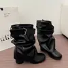 Botas Retro Apiladas para Mujer de Media Pantorrilla de Cuero Punta Redonda Tacón Grueso Hebilla Botas de Caballero 2026 Otoño/Invierno Nuevo Elegante Versátil