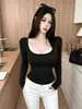 Camiseta de Manga Larga con Parches de Encaje y Cuello en V Falsa de Dos Piezas Base para Mujer Estilo Pura Seducción Adelgazante con Copas Top Exterior