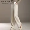 Pantalones rectos de seda hechos a medida, engrosados para otoño e invierno, cálidos, con caída, de cintura alta, corte holgado, adelgazantes, estilo casual, pantalones largos con forro polar