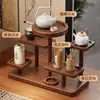Estante de exhibición estilo chino retro para tazas de té y teteras, estante de madera maciza para tazas de escritorio, estante de exhibición de varias capas para sala de té