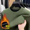 Suéter de una pieza de forro polar para invierno, jersey de cuello redondo para hombre, transfronterizo, engrosado y cálido, color liso, camiseta base de punto para mediana edad