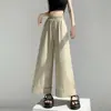 Foto real de calças largas de algodão lavado com bainha dobrada para o verão de 2026 para mulheres, calças cropped largas retas casuais soltas de seda gelada de cintura alta
