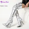 Hebilla Espejo 12cm Botas Sexy por Encima de la Rodilla Botas de Moda Elegantes Tienda Nocturna Pole Dance Tacón Fino Puntiagudo Caña Alta Mujer