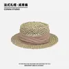 Sombrero de Paja Vacaciones Francesas para Mujer Verano Paja Salada Parte Superior Cóncava Estilo Old Money Sombrero de Copa Protector Solar Filtro Solar Vintage Todo Fósforo Sombrero de Playa