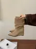Primer Encuentro Jifa Botines de Cuña con Punta Fina Francesa Plisados con Volantes para Mujer Botas 2026 Otoño/Invierno Nuevo Estilo Adelgazantes Elegantes Botines Cortos