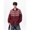 Suéter de tricô com jacquard de outono Fair Isle, estilo casual vintage, cardigã com zíper, casaco masculino com gola alta dupla, caimento solto