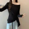 Camiseta de manga larga a rayas de alta calidad, 40 hilos, 1x1, algodón puro, talla grande para mujer, nuevo estilo otoño 2026, cintura irregular fruncida