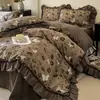 Conjunto de cuatro piezas de algodón lavado de lino estilo princesa retro francés para otoño e invierno, nueva funda de edredón de encaje, sábana, sábana bajera, ropa de cama