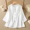 Camisa de Algodão e Linho Artística de Verão 2026 para Mulheres, Manga Três Quartos, Caimento Solto, Cardigã Solto Artístico de Cor Sólida para Mulheres