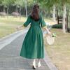 Vestido de algodón y lino estilo étnico para mujer, primavera y verano, holgado, talla grande, escote en V, costuras con hebilla, cintura con cordones en contraste, largo medio.
