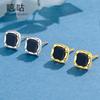 Xigu TH0026 S925 - Pendientes de plata con forma de aguja geométrica cuadrada negra para mujer, sencillos y elegantes, estilo Chanel, nuevos pendientes