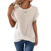 Camiseta de Manga Corta de Color Sólido con Cuello en U y Nudo Waffle Primavera Verano Holgada Casual Poliéster Algodón Transfronterizo Ropa de Mujer al por Mayor