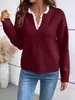 Moda Europea y Americana Transfronteriza Otoño/Invierno 2026 Nuevo Suéter de Encaje con Cuello en V Color Sólido Holgado de Manga Larga Ropa de Punto para Mujer