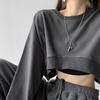 Sudadera Corta para Mujer 2025 Otoño Coreana Color Puro Nueva Suelta Cuello Redondo Tops de Manga Larga para Mujer Moda Femenina