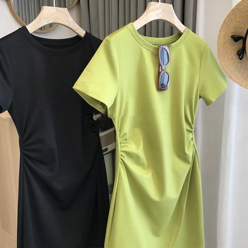 帮手主图-2022年新款夏季女感气质收腰薄款绿色t恤不规则连