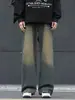 Pantalones de mezclilla retro estilo americano para uso diario, color gris cemento, cintura elástica para hombre, pierna recta, lavados, corte holgado, pantalones casuales con una silueta fluida y de pierna ancha