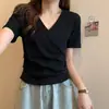 Camiseta Elegante y Única de Manga Corta con Escote en V Cruzado para Mujer, Nueva Moda de Verano, Top Corto Versátil Ajustado de Cintura Alta Adelgazante