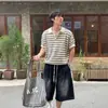 Camiseta de Rayas Texturizadas Estilo Coreano de Manga Corta para Hombre, Top de Punto de Manga Media con Cuello Henley de Verano de Alta Gama