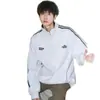 Sudadera de Estilo Americano con Cuello Alto y Rayas para Hombre y Mujer, Chaqueta Deportiva Holgada Versátil de Invierno para la Calle, Top Casual de Moda para Parejas